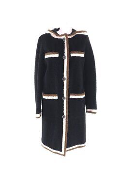 Chanel Lining Silk CC Logo Chain Button Hooded Mouton Coat Black